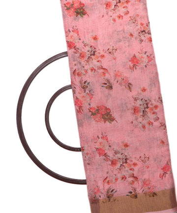 pink digital floral printed zari border doria linen fabric